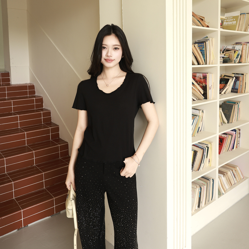 Me Lao Yang's Clothing [Lahua t] Cotton Ruffled Minimalist Solid Color Versatile Casual Round Neck Short-Sleeve T-Shirt