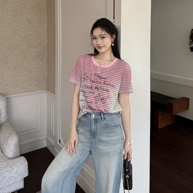 Me【Pink Cloud Cat】Long-Staple Cotton Artistic Gradient Color Slim-Fit Versatile Short-Sleeve T-Shirt Mehs2899