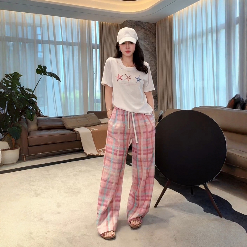 Me Lao Yang's Clothing [Watercolor Pants] 100% Linen Loose Plaid Slimming Versatile Fashionable Sun-Protective Straight-Leg Pants