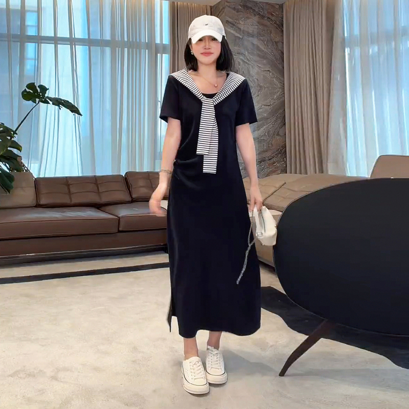 Me Lao Yang's Clothing: Tencel Cotton Ice-Feel Striped Shawl Slit T-Shirt Long Dress with Fake Two-Piece Design for Summer