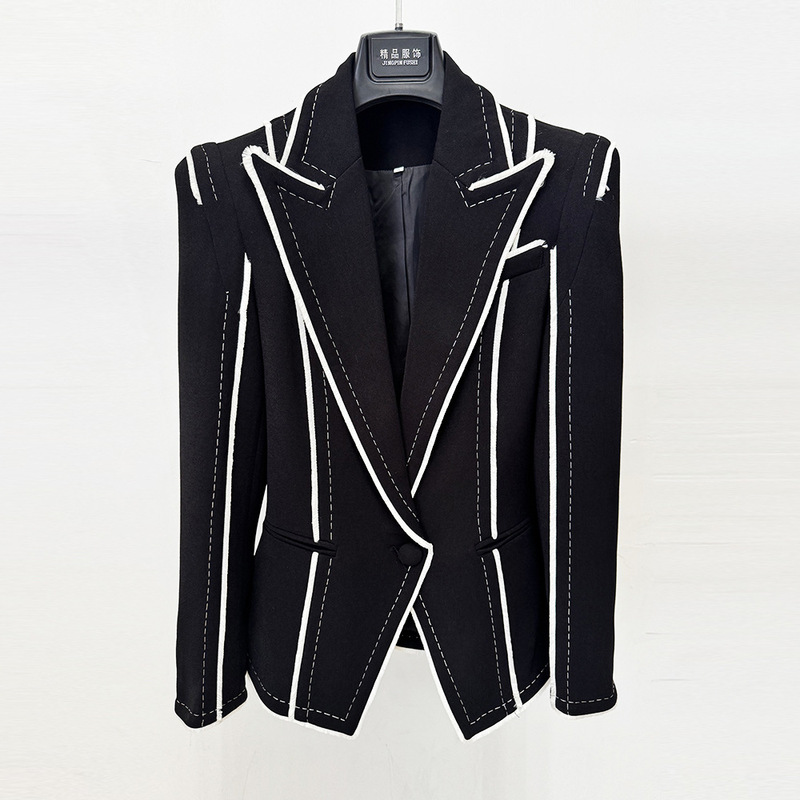 Small Suit in Stock 2026 New Style European and American Celebrity Fashion Color-Blocking Fringed Beaded Trim Slim-Fit Blazer Jacket