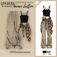 Черная цветная рубашка, хаки штаны, комплект, эффект подтяжки, 3 предмета