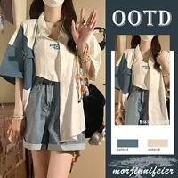 Рубашка, джинсовая юбка, шорты, летний комплект, эффект подтяжки, французский стиль, подходит для подростков