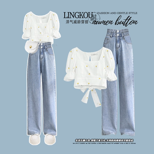 Джинсовый летний комплект, короткая футболка, размер, подходит для подростков, квадратный вырез, короткий рукав