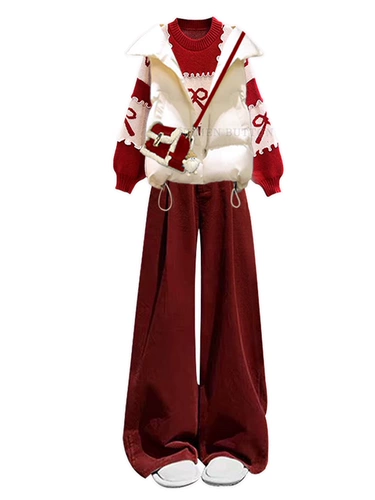 Демисезонный красный трикотажный свитер, жилет, куртка, штаны, комплект, высокая талия, 3 предмета