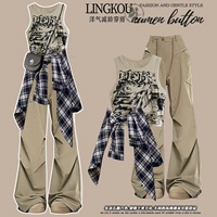 Абрикосовый жилет, синяя рубашка, хаки штаны, комплект, 3 предмета