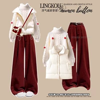 Белый жилет, свитер, красные штаны, комплект