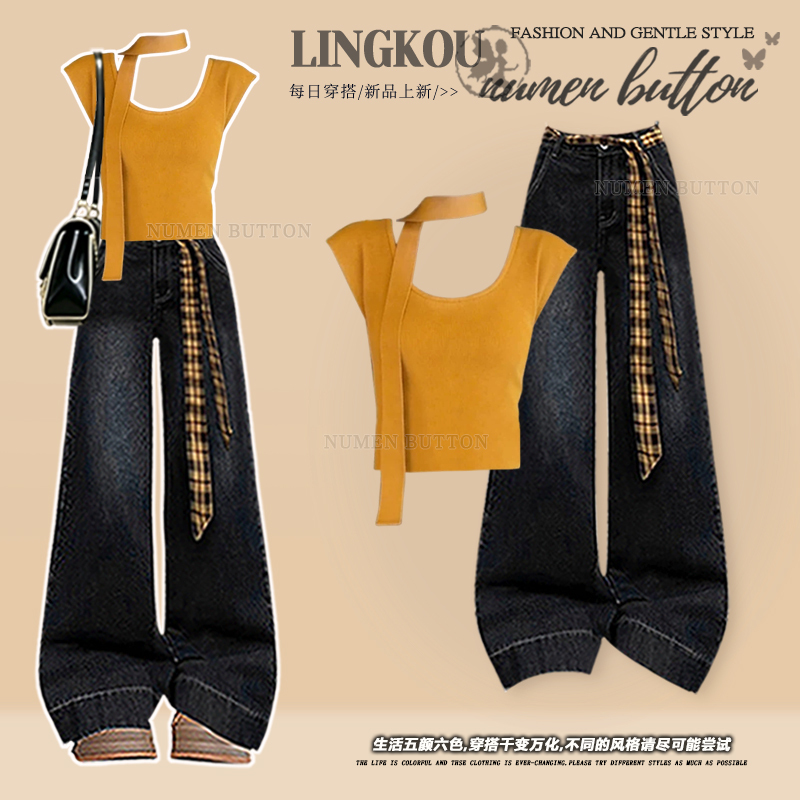 Plus-Size Summer Casual Style Set for Women, Hong Kong Style Simple Short-Sleeved Top Paired with Retro Denim Wide-Leg Pants Two-Piece Set