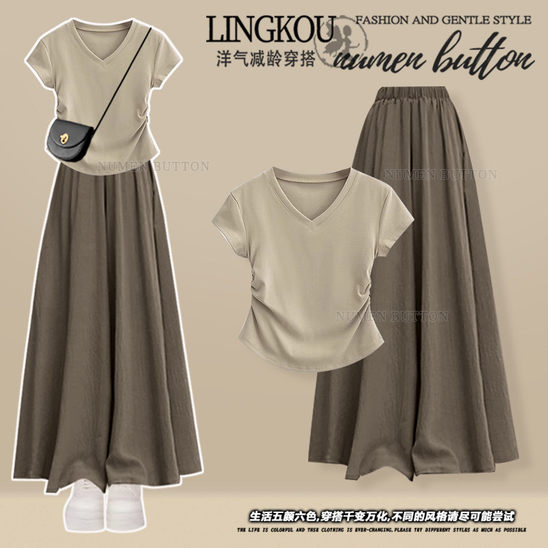 大码夏季洋气套装女减龄复古高级感修身T恤显瘦阔腿休闲裤两件套