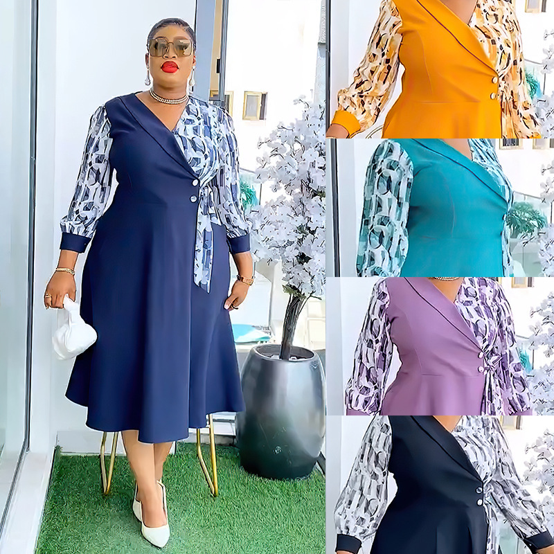 European and American Popular Women's Clothing African Print Patchwork Color Dress Long-Sleeved Dress 0018