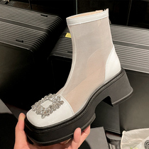 Genuine leather thick bottom shoes net red hollowed-out short boots Martin boots Summer thin womens spring style net yarn boots cool boots breathable sky