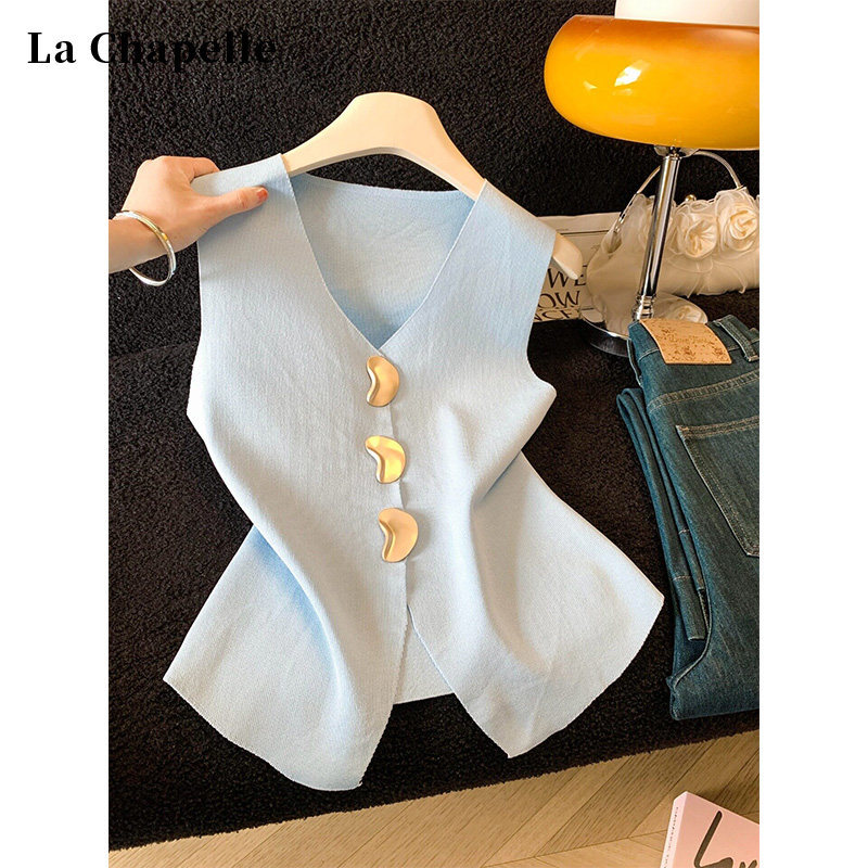 La Chapelle Old Money Style Unique Button Knit Vest for Women, New Summer Model, Regular Shoulder, Loose Sleeveless Top