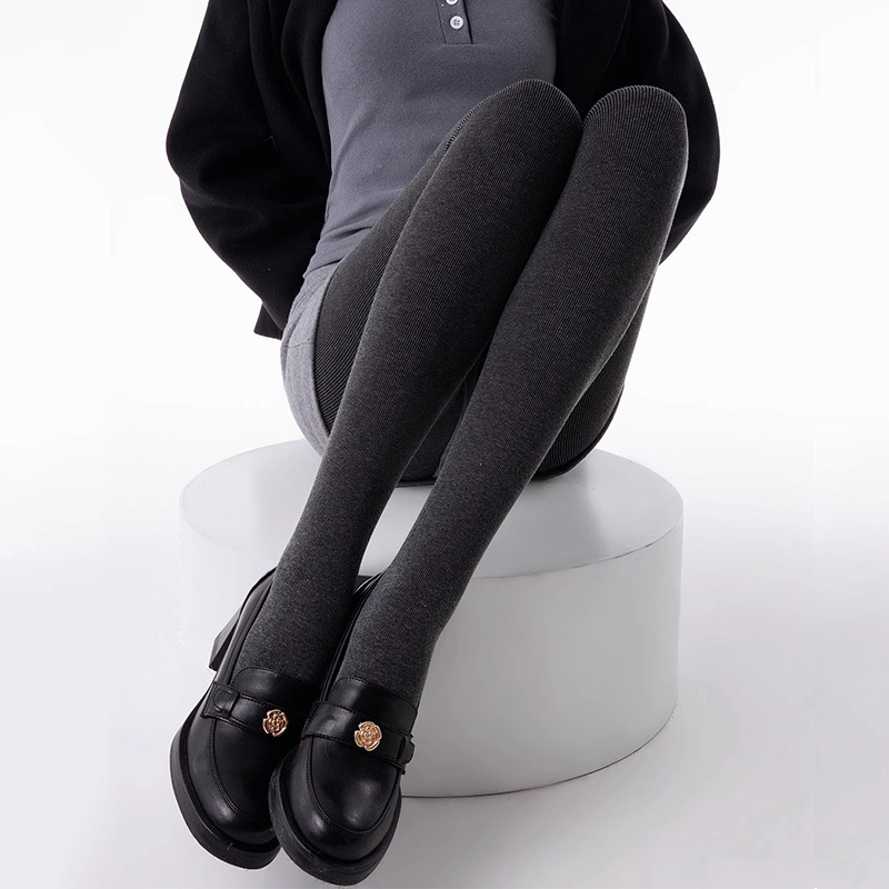 Japanese Noih Gray Leggings for Women, Autumn and Winter Style, Fleece-Lined, Japanese Style Black Warm Vertical Striped Cashmere Tights