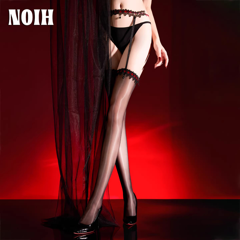 Japanese Noih Ultra-Thin 3D Sexy Aurora Glossy Black Silk Queen Gem Lace Strap Integrated Suspender Stockings