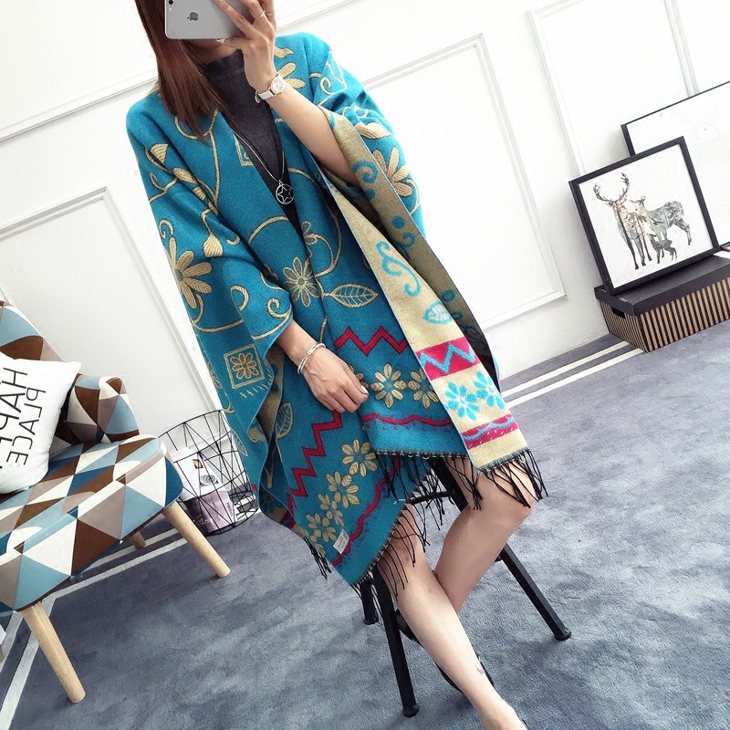 Bifacial oversized national wind cape Shoulder Scarf Cloak Cape Shawl Jacket Lady Autumn Winter Thickened Shawl Lady Winter Cloister