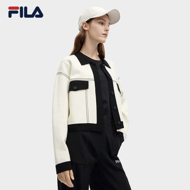 FILA Official Women's Woven Jacket 2024 Spring New Fashion Casual Loose Contrast Color Lapel Sweater