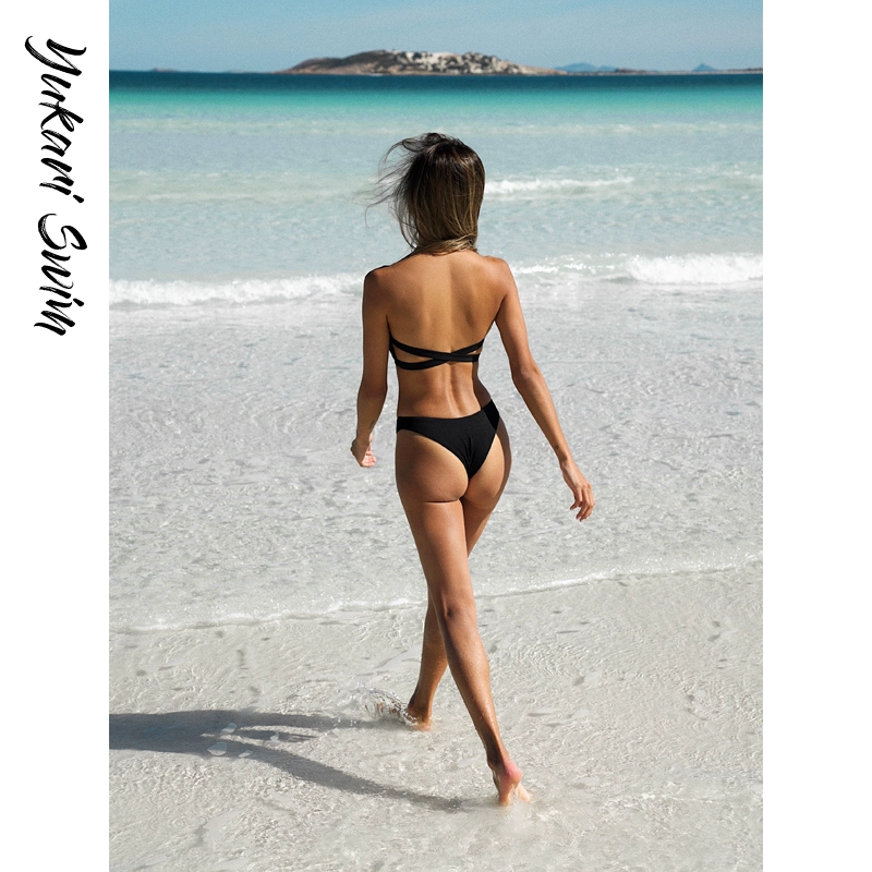 YUKARI màu đen sexy ống đầu bikini cạp cao ba điểm thong trên bãi biển kỳ nghỉ áo tắm phụ nữ - Bikinis