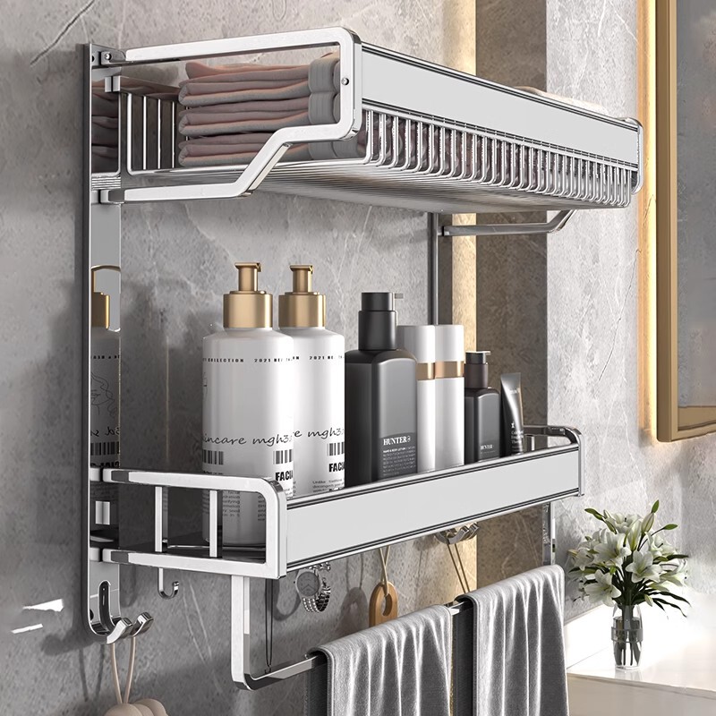 Japanese Premium Light Luxury Bathroom Towel Rack and Storage Rack Combo, No-Drill Wall-Mounted Bathroom Set