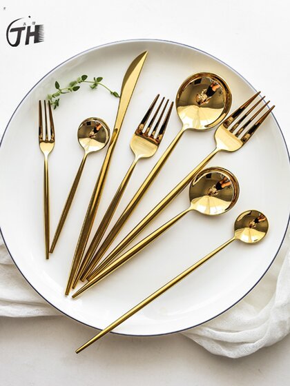 Internet-Famous Portuguese Gold Mirror Finish 304 Stainless Steel Steak Knife, Fork, Spoon, Chopsticks 2-Piece Set Western Cutlery Dessert Knife, Fork, Soup Spoon