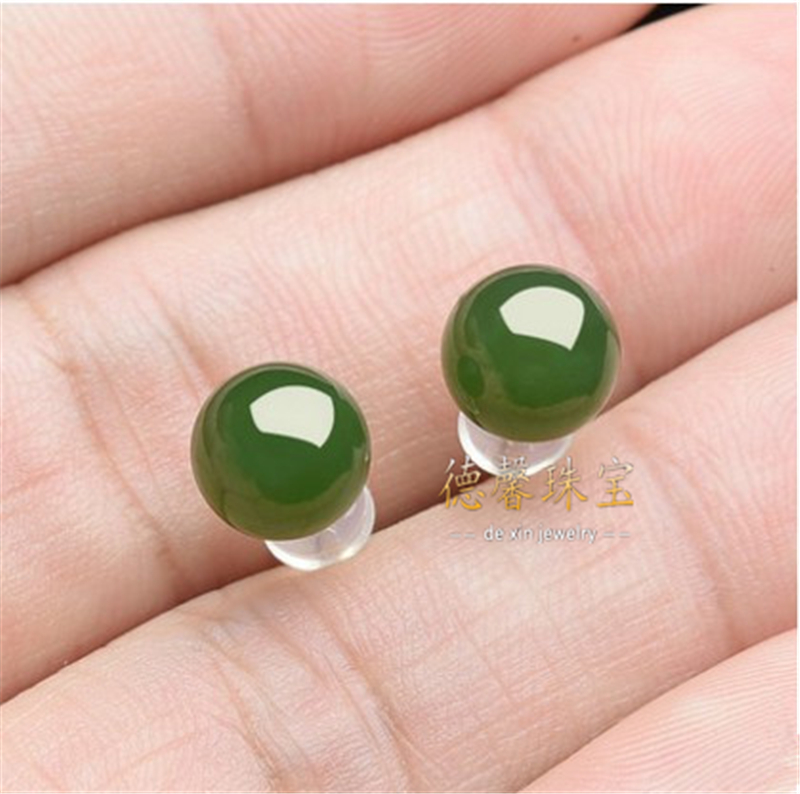 Xinjiang and Tian Yubei jade earrings s925 pure silver and jade round pearl earrings with green apple green apple green apple green earrings-Taobao