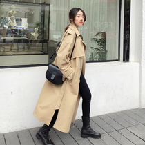 Khaki windbreaker coat female Korean version of the middle and long split on both sides Lace-up windbreaker womens coat wild waist coat