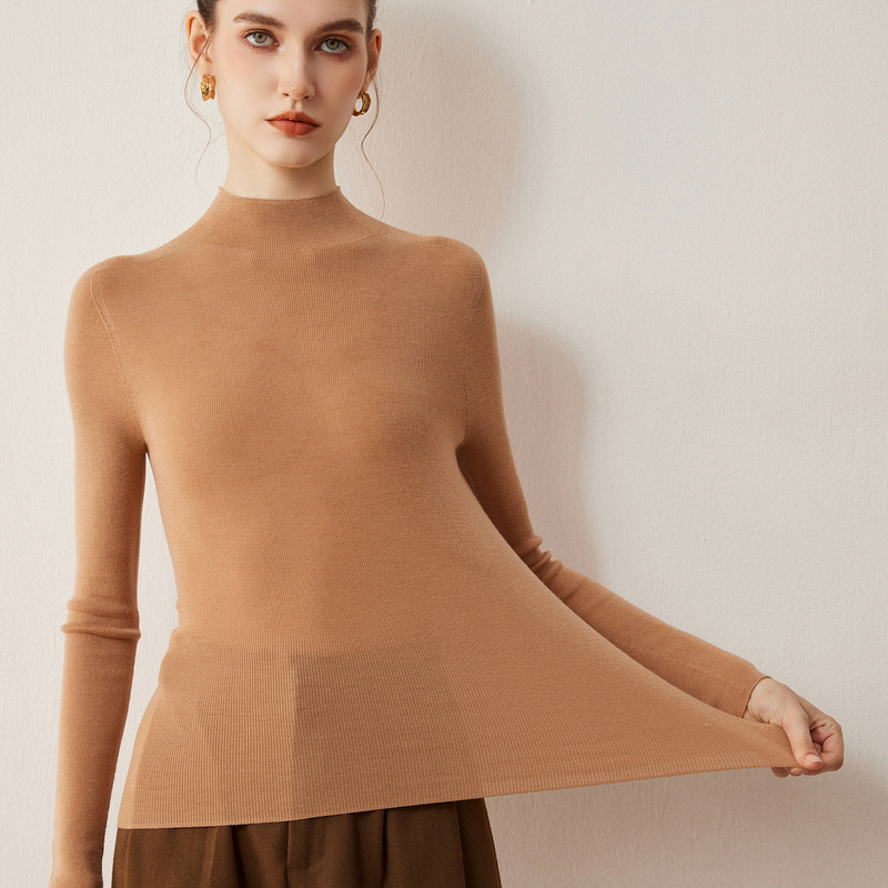 Merino Superfine Worsted 100% Pure Wool Sweater, Half Turtleneck Knit Base Layer Sweater, Seamless Slim Fit