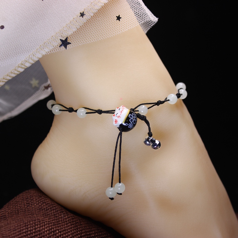 Japan and South Korea popular cat luminous beads anklet women's red rope braided bells Simple popular luminous bright foot chain stone