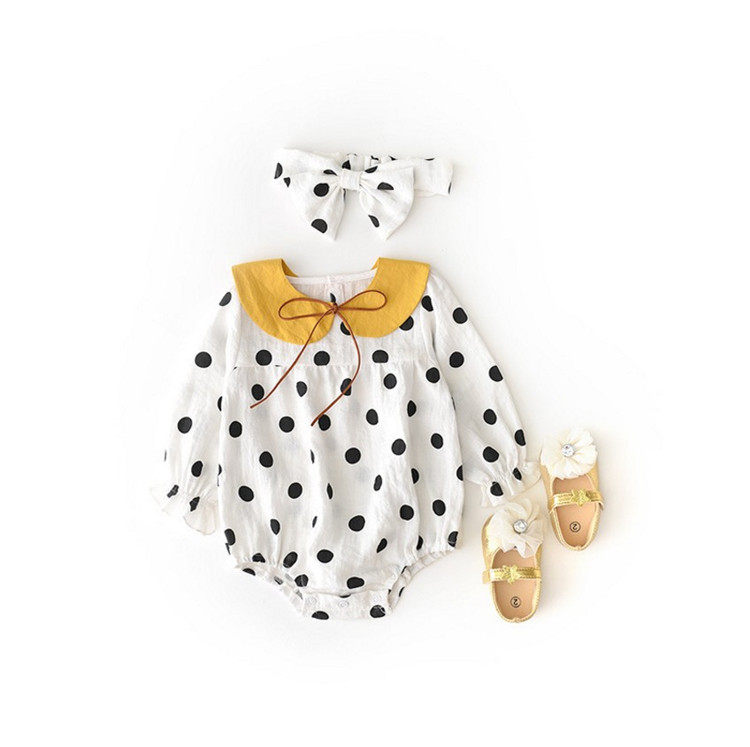 Baby autumn clothes go out bag fart romper female baby polka dot detachable collar triangle romper headband jumpsuit