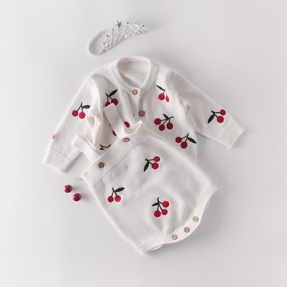 ins infant and young children autumn cotton knitted cherry strap hacks little coat suit girls out crawling clothes