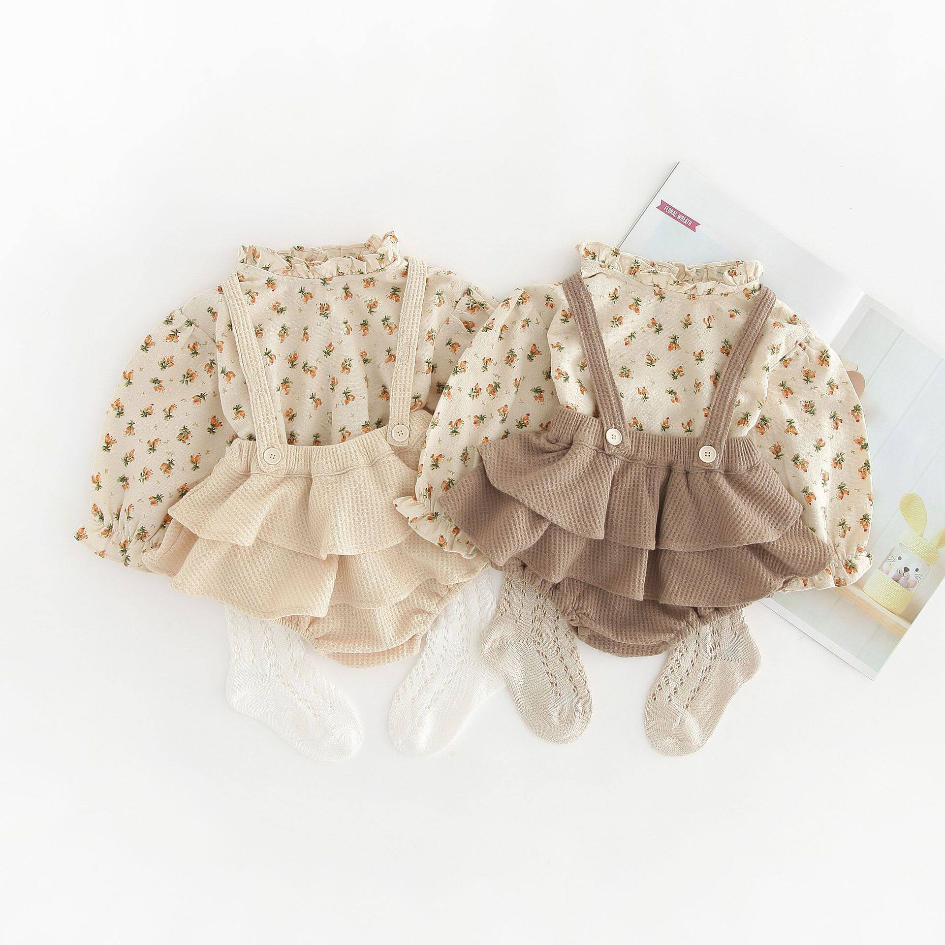 2021 new autumn girl baby floral shirt hug baby bag hakama two-piece suit baby triangle romper outing clothes