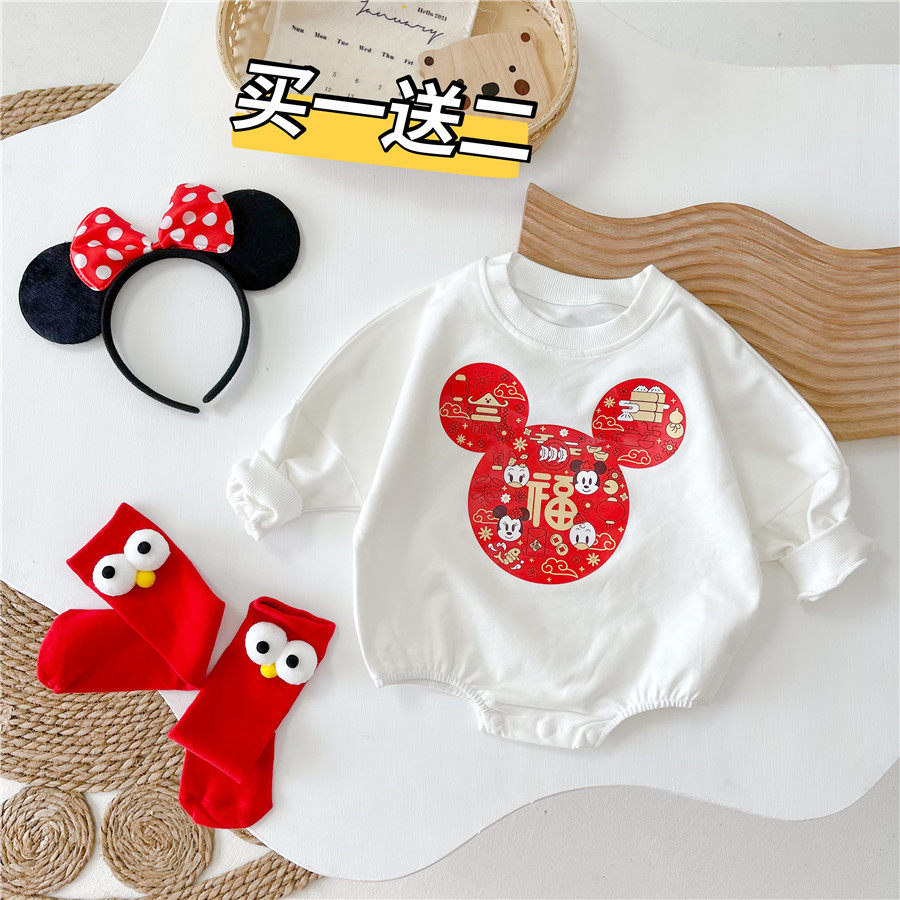 2022 baby autumn cotton Korean version bag fart romper treasure Mickey mouse sweater triangle romper children's jumpsuit