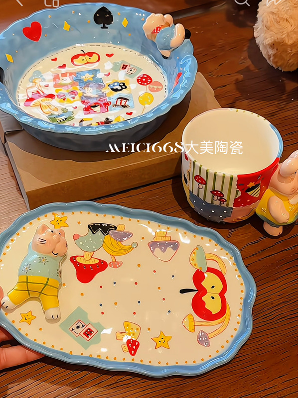 Beautiful Ceramic Deep Blue Poker Cat Cartoon Hand-Painted High-Value Dessert Plate Christmas Gift Home Dining Plate High Temperature Resistant