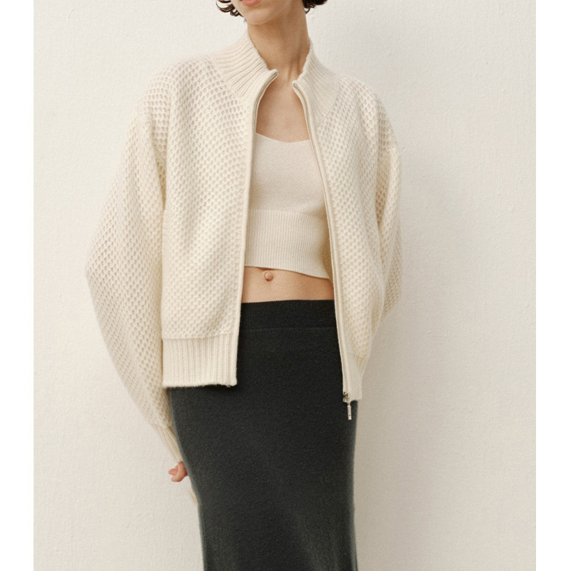[Ed Order] New Autumn and Winter Cashmere Stand-Collar Mesh Pattern Zip-Up Knit Cardigan with a Unique Design