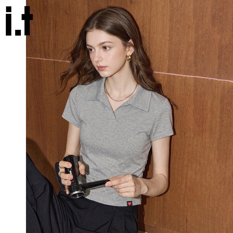 It:Chocoolate American-Style Gray Polo Shirt Short-Sleeved T-Shirt for Women, Summer Waist-Cinching Slim-Fit Short Top with Regular Shoulders It:Chocoolate American-Style Gray Polo Shirt Short-Sleeved T-Shirt for Women, Summer Waist-Cinching Slim-Fit Short Top with Regular Shoulders