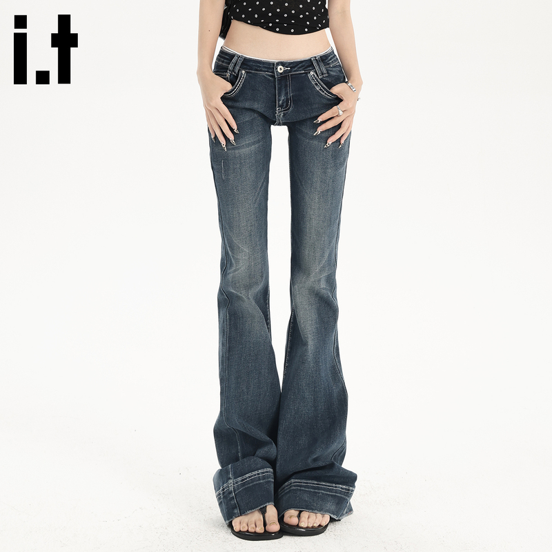 It: Chocoolate Dark Blue Washed Low-Rise Jeans for Women, New Summer Style, Slimming Design, Flared Pants