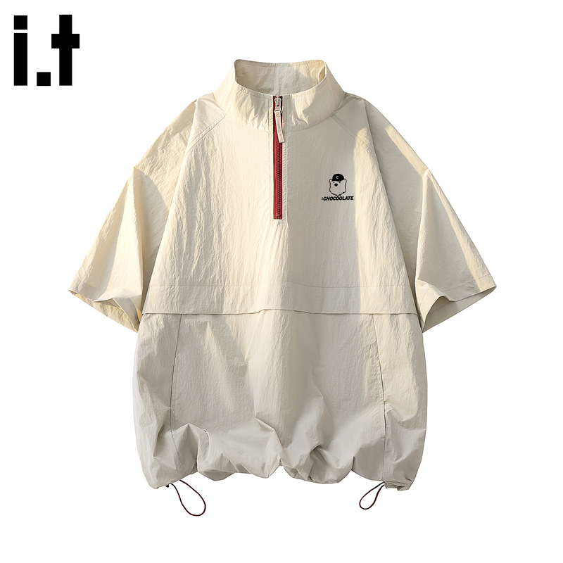 It: Chocoolate Outdoor Half-Zip Stand Collar T-Shirt for Men, Summer Spliced Quick-Drying Sports Short-Sleeve Top