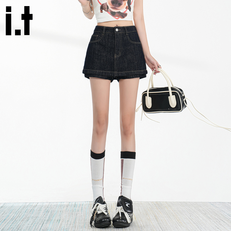 It:Chocoolate Dark Blue High-Waisted Denim Shorts for Women, Summer Color-Blocking Stitching, Slimming and Versatile Skirt Pants
