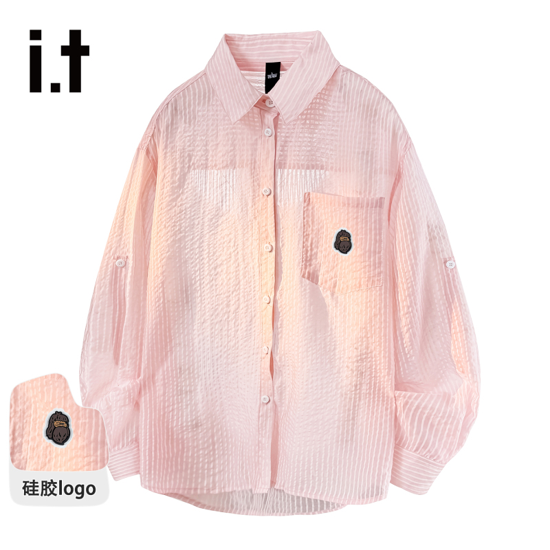 I.T Fingercroxx Pink Striped Shirt for Girls, Long-Sleeved College Style Shirt Jacket, Summer Sun Protection Clothing W