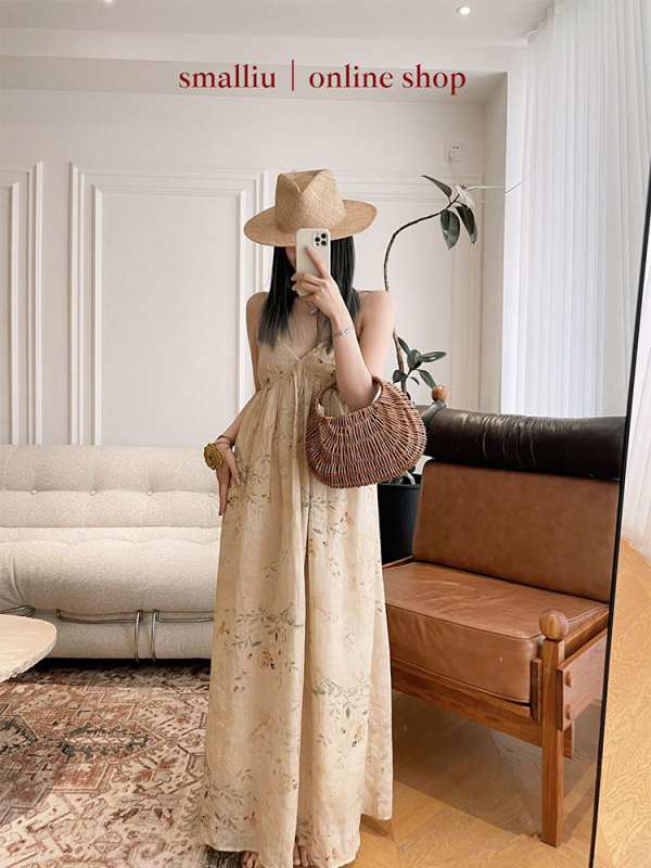 Smalliu Mode Early Spring Ramie Floral Bird New Chinese Style Camisole Dress V-Neck Pullover Sleeveless Dress