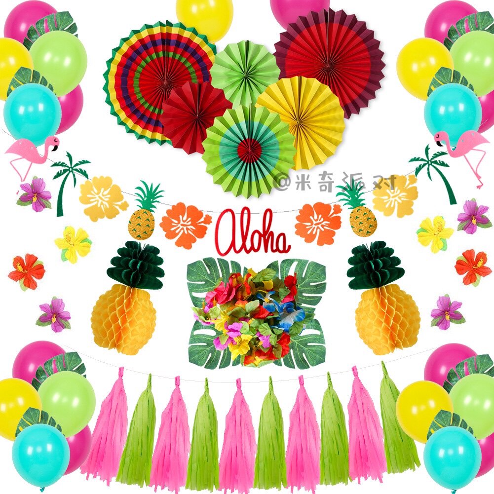 Hawaiian Balloon Hibiscus Flower Pineapple Non-Woven Burla Flag Hawaiian Paper Fan Summer Party Balloon Decoration Set