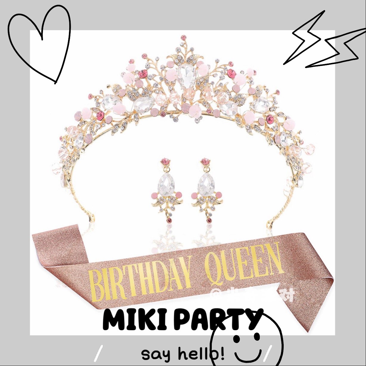 Korean ins girl birthday party crown earrings gift band set pink crystal crown ear clip set