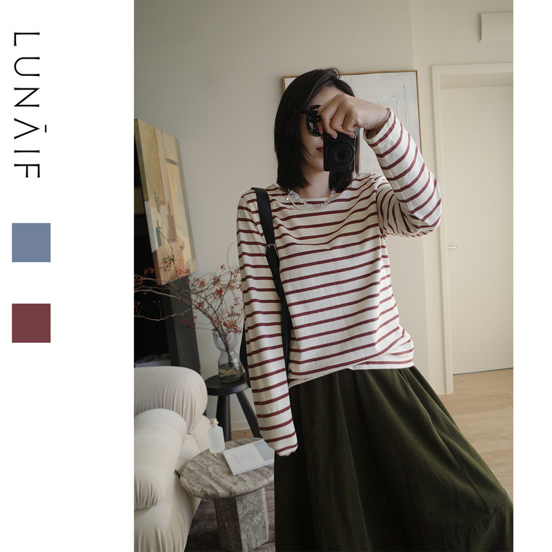 Lunaif/26 Early Spring Friends Collection Ready-To-Wear Washed Floral Wool Linen Cotton Round Neck/Boat Neck Striped Shirt