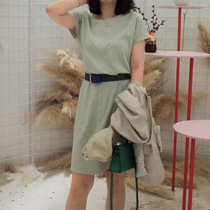 LUNAMADE CREAM GREEN SKIRT Slim Long Suede Cotton Soft Comfort Enzyme Washout Design T-shirt Dress