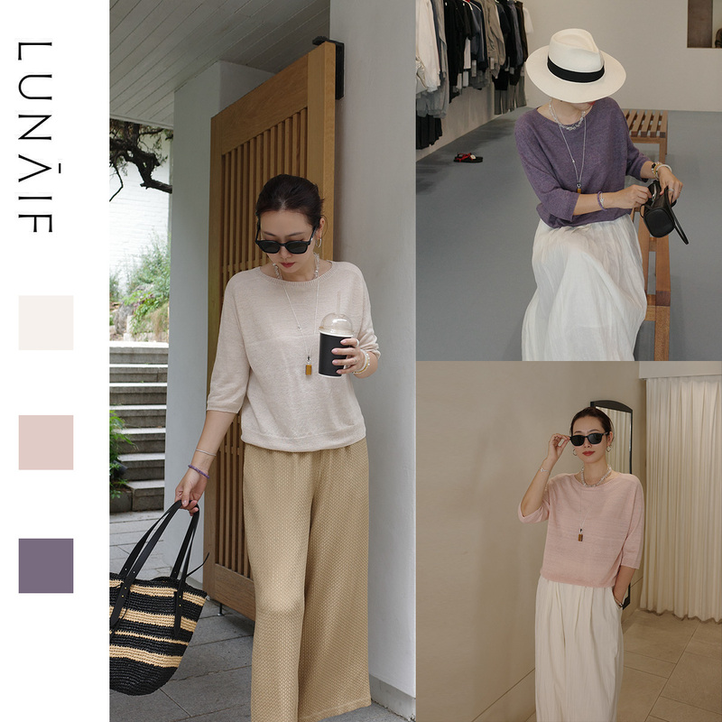 Lunaif/French Aesthetics 100% Linen Natural Linen Mid-Sleeve Saddle Shoulder Off-Shoulder Knit Top