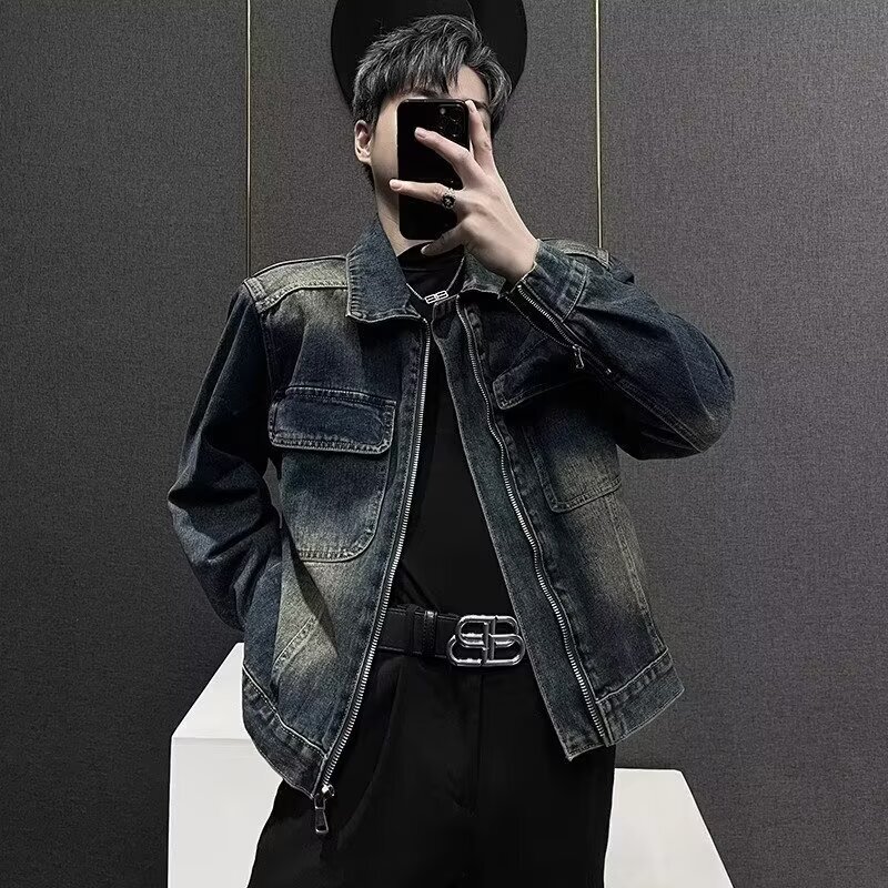 American Street Style Cool Stand-Up Collar Denim Jacket for Men, High Street Retro Workwear Baseball Jacket, Biker Denim Jacket, Short Style