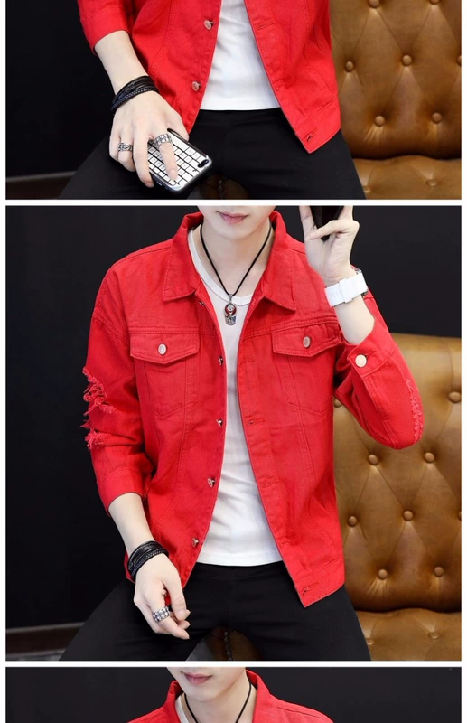 Thanh niên Hàn Quốc áo khoác denim màu hồng nam sinh viên hoang dã đẹp trai áo khoác nam mùa thu áo ngoài áo ghi lê