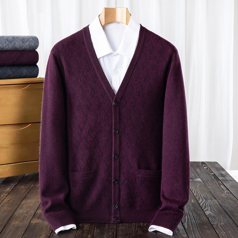 Inner Mongolia Cashmere Sweater for Men, V-Neck Cardigan, Warm Knitwear, Thickened for Autumn and Winter, Dad-Style Casual Versatile Wool Sweater