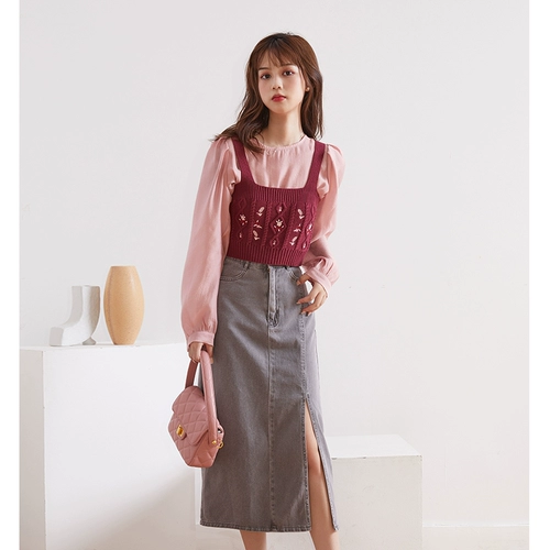 谜秀 Длинная осенняя ретро джинсовая юбка, длина миди, коллекция 2021, высокая талия, по фигуре