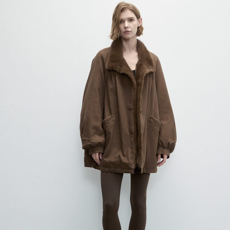 Msmilu/Imported Mink Fur Collar Goose down Parka Women's Mid-Length Loose Silhouette Relaxed Fur Coat