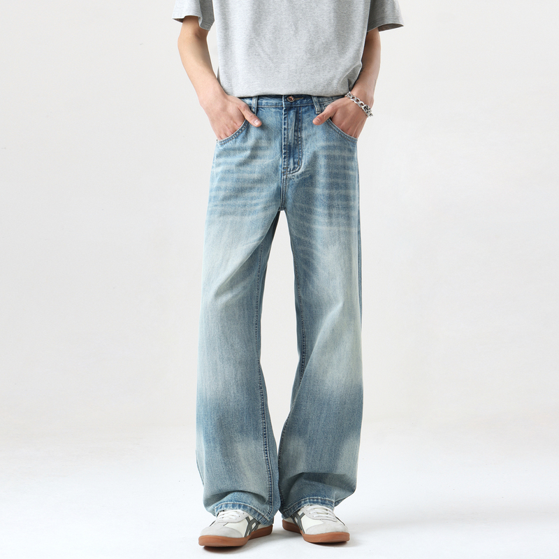 Aganonmem American Retro Washed Blue Loose Straight-Leg Jeans for Men with Whiskers Cleanfit Long Pants